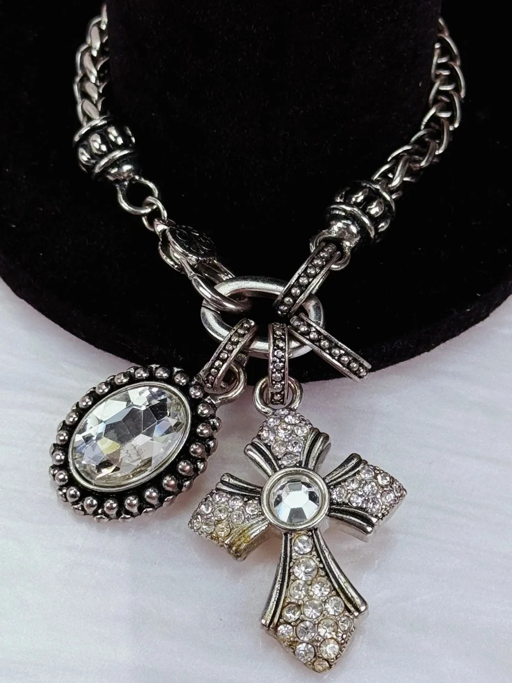 Vintage Silvertone Statement Bracelet Cross Oval Charm Decorative Hook Closure